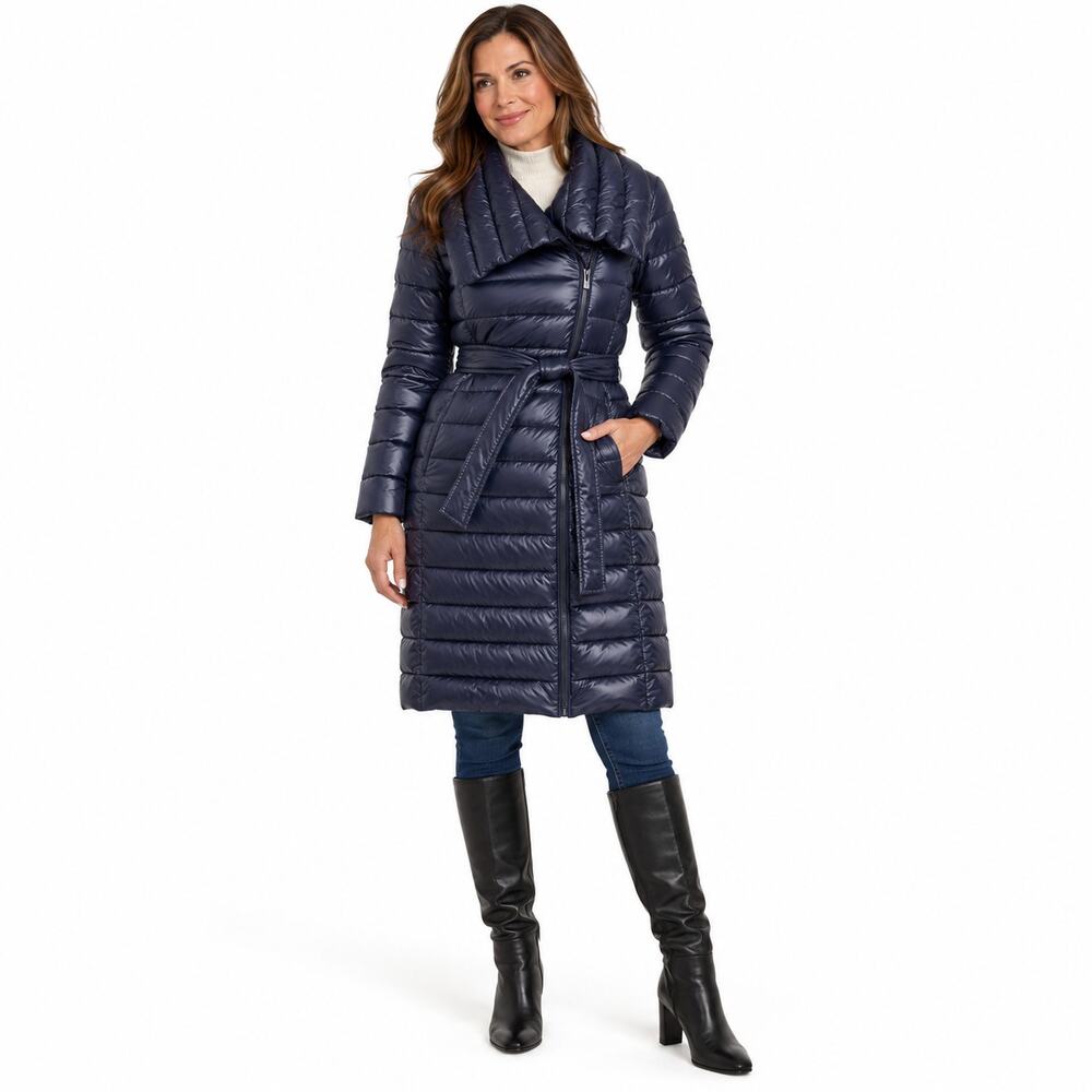Via Spiga Quilted Puffer Coat Women's Size Medium Blue Winter Cozy Outerwear